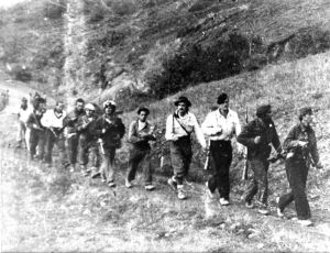 Group of partisans marching in the mountains